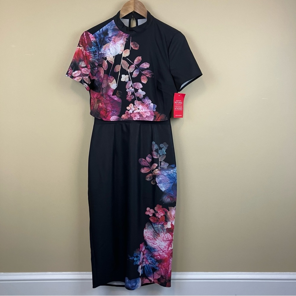 Little Mistress Midi Black Floral Dress Short Sleeve Peekaboo Cut out Back US 6